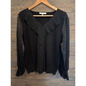 Siani Milano Black Knit Top Pleated Ruffle Lace V-Neck Sheer Balloon Sleeve XL